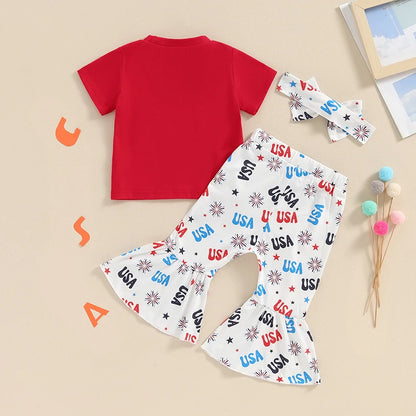 Letter Printed Shirt Floral Pant 4th of July Outfit for Baby Girl