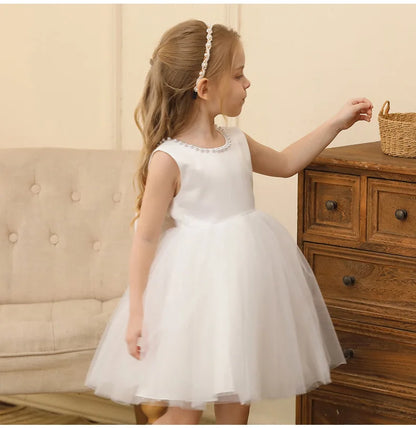 Kids Girls Solid Color Pearl Bow Design Fluffy Princess Dresses childrensterritory