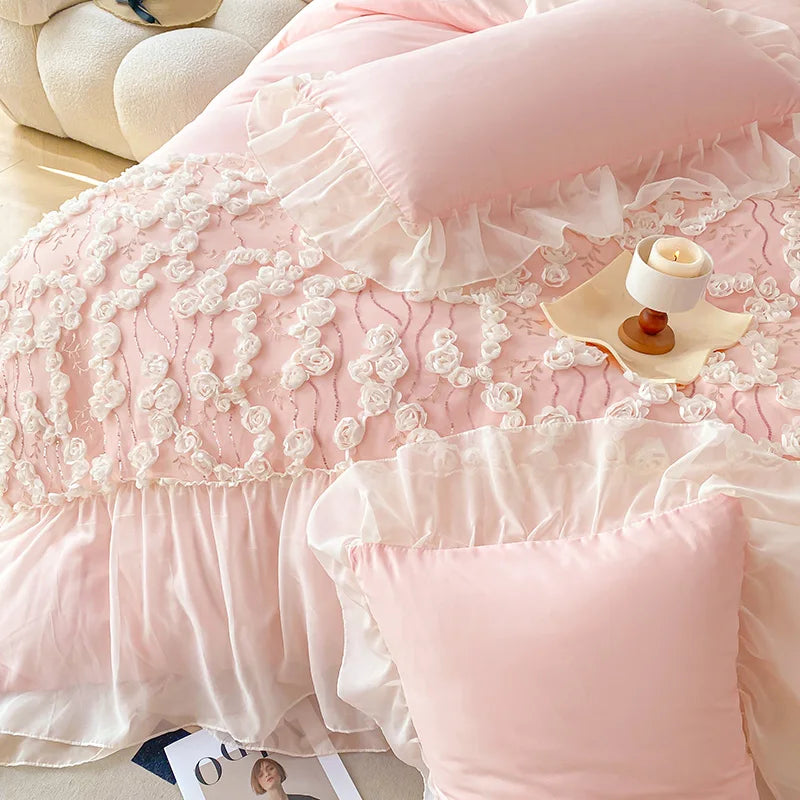 Luxury Pink Lace Design Bedding Set for Girls