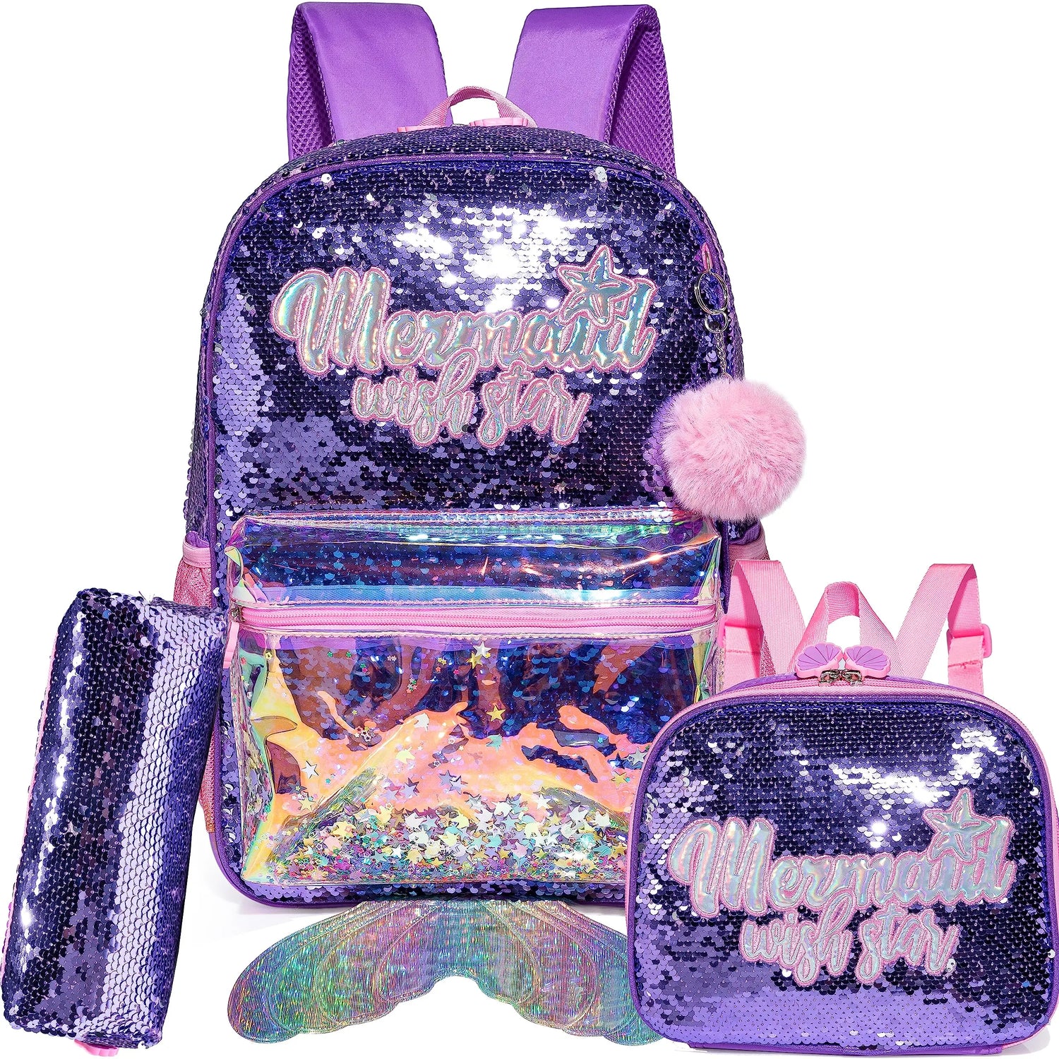 Kids Sequin Backpack with Lunch Box Pencil Case for Girls