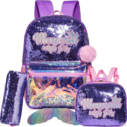 Kids Sequin Backpack with Lunch Box Pencil Case for Girls