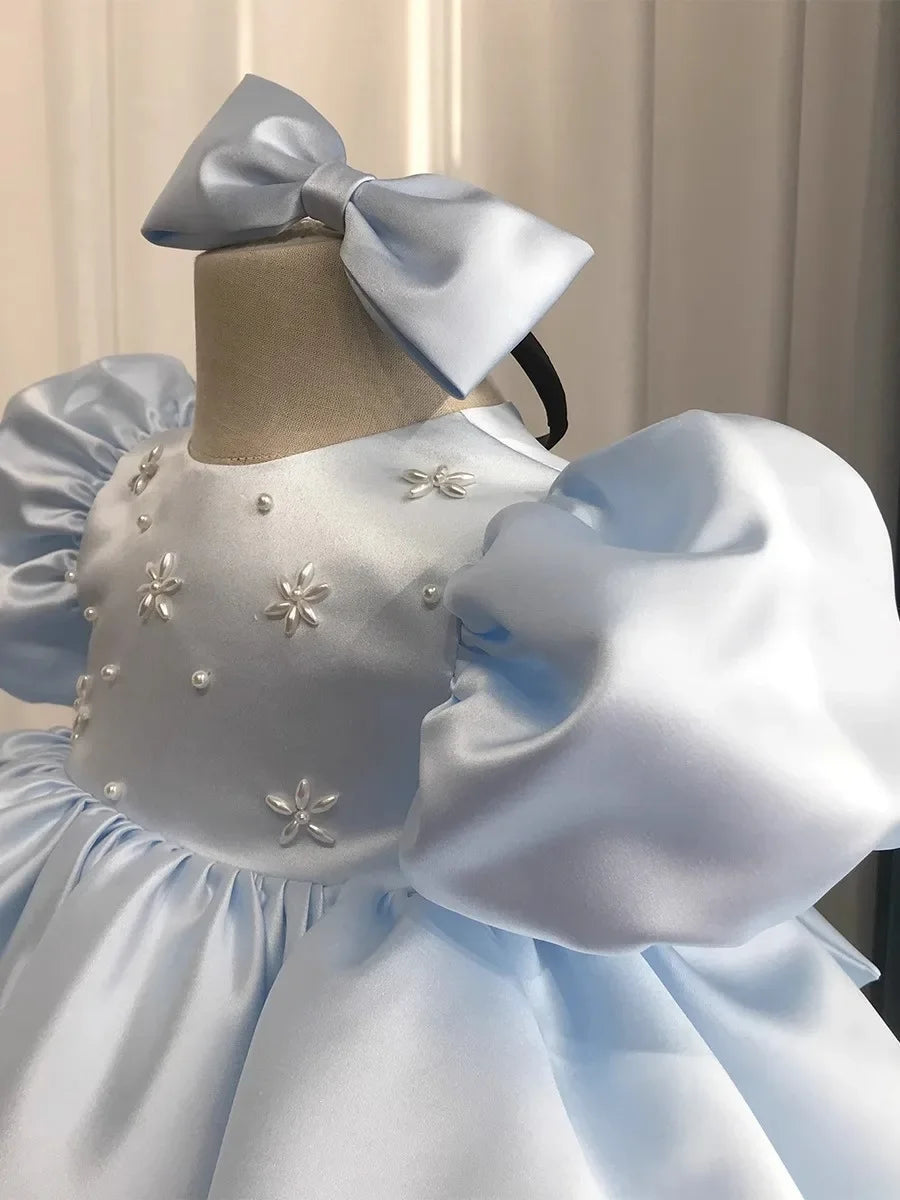 Little Girls Puff Sleeves Elegant Baptism Party Dresses