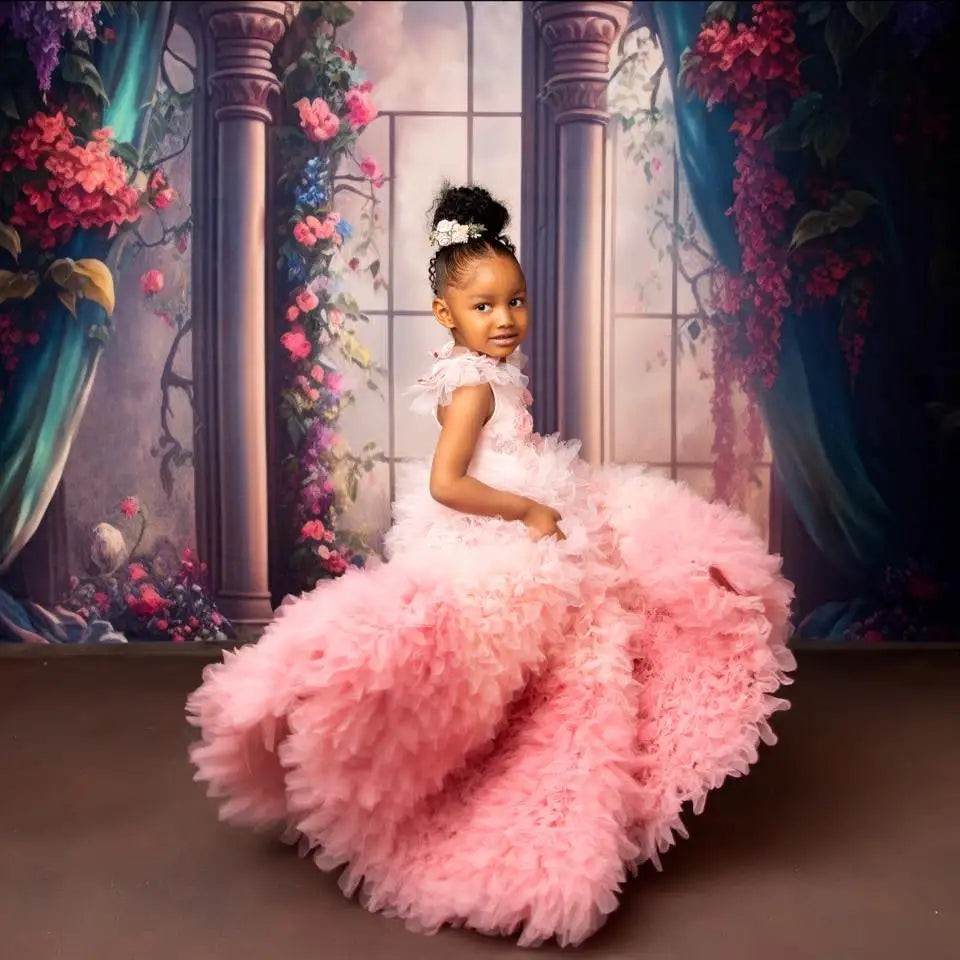 Feather Sleeve Puffy Flower Girl Dresses for Birthday Party