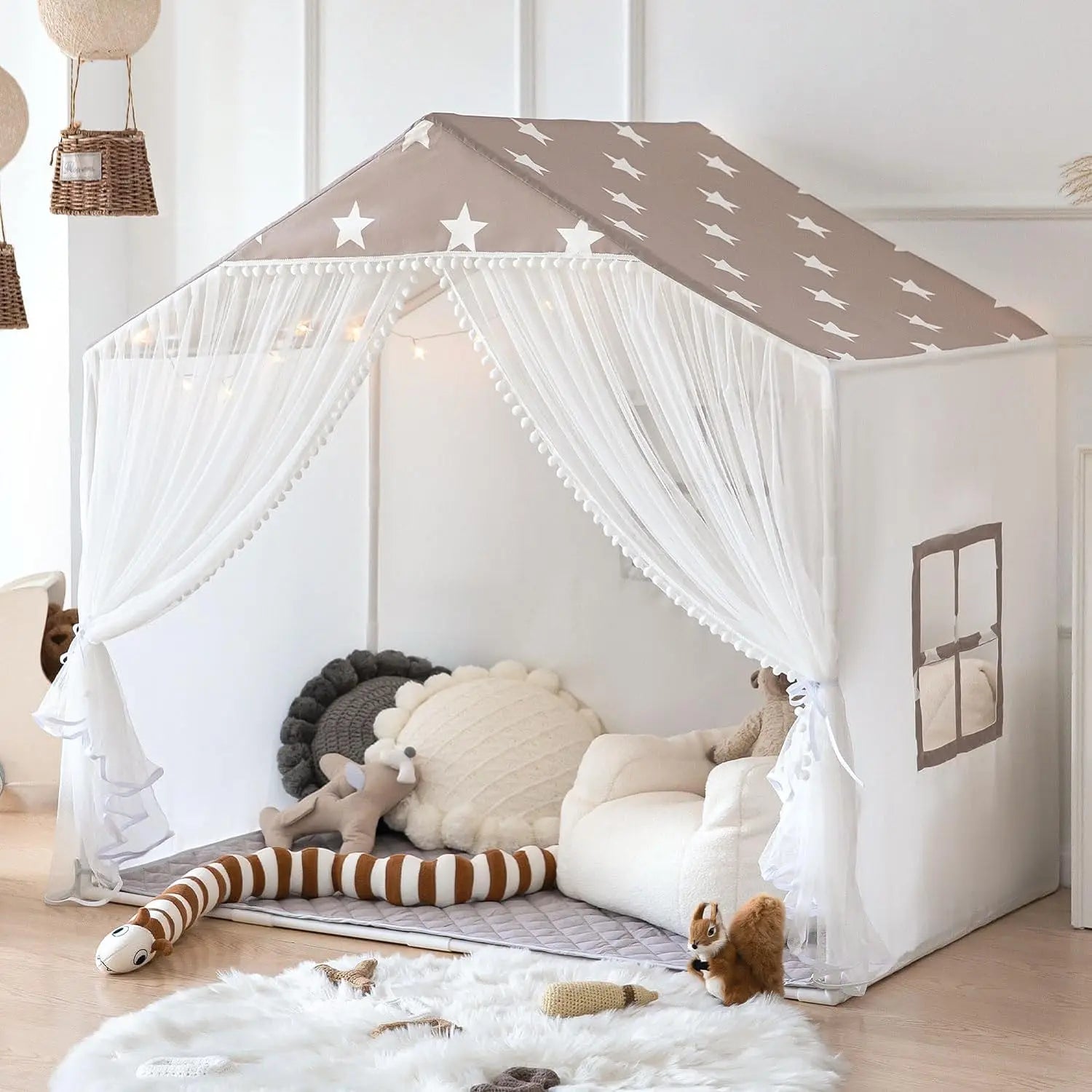 Large Playhouse Tent with Pompoms Door Curtains childrensterritory