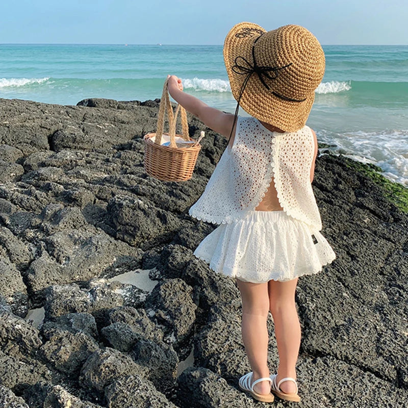 Hollow Lace Casual Sleeveless T-Shirt+Shorts Toddler Clothing Sets childrensterritory