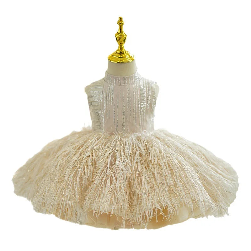 Kids Girls Puffy Feather Design Party Performance Dress childrensterritory