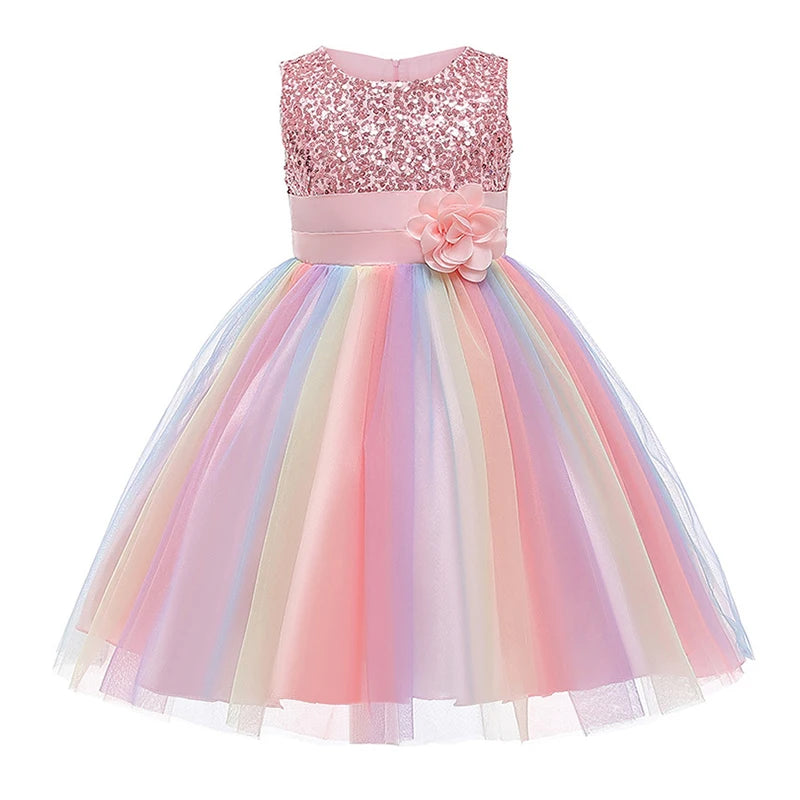 Girls Sleeveless Sequins Flower Rainbow Design Summer Dresses childrensterritory
