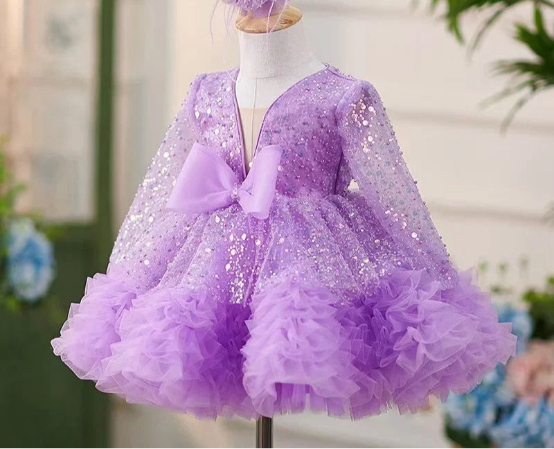 Glitter Sequined Tutu Full Sleeve Tiered Beading Girls Birthday Gowns