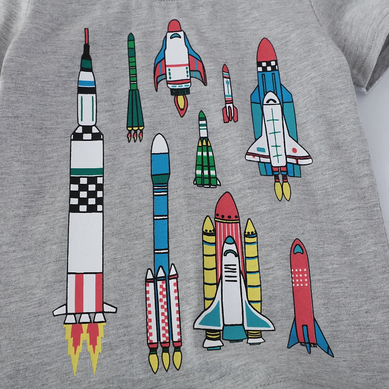 Cartoon Rockets Print Little Boys Casual Cotton T Shirts
