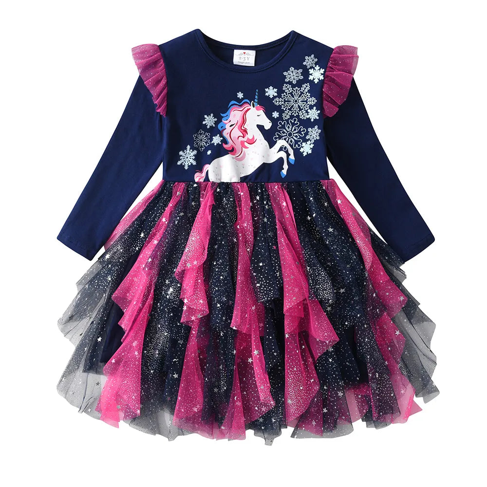 Kids Girls Snowflakes Print Layered Mesh Tulle Princess Dress childrensterritory