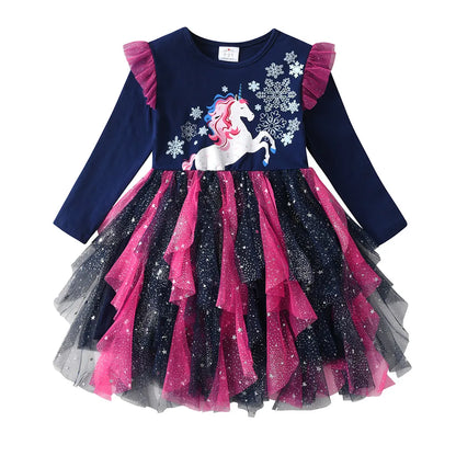 Kids Girls Snowflakes Print Layered Mesh Tulle Princess Dress childrensterritory