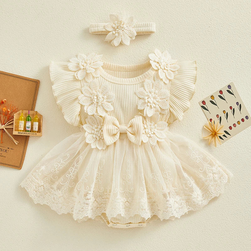 Newborn Girls Patchwork Ruffle Rompers Dress with Headband childrensterritory