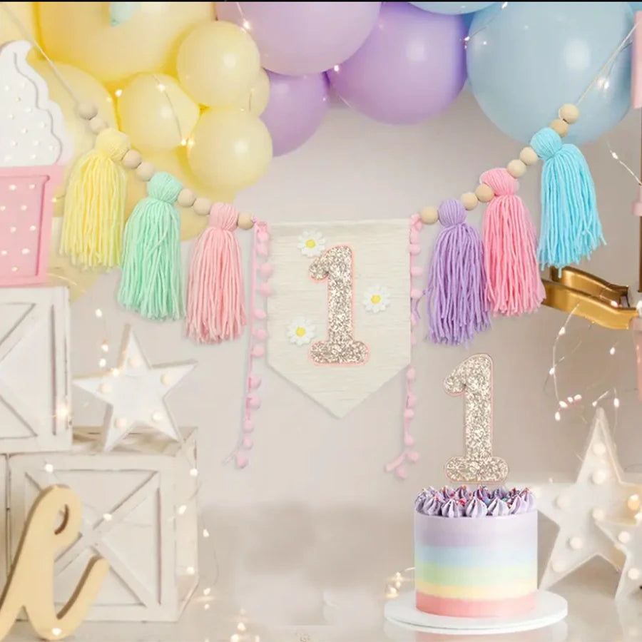 Handmade Wooden Bead Tassel Garland Prop for First Birthday childrensterritory