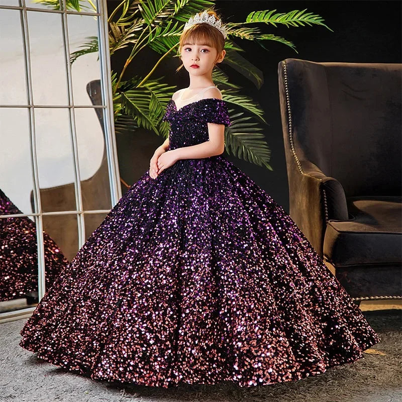 Little Girl Deep Purple Sequin Luxury Gowns/Party Dresses