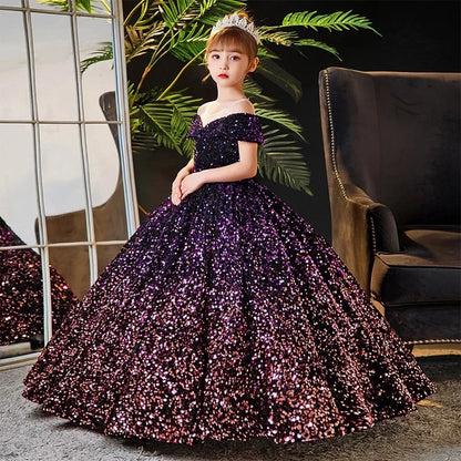 Little Girl Deep Purple Sequin Luxury Gowns/Party Dresses