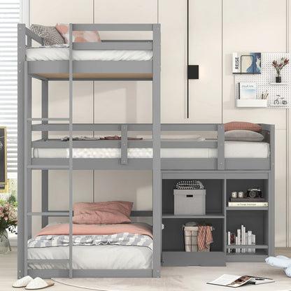 L-shaped Wooden Triple Bunk Bed With a Ladder and Storage Cabinet childrensterritory