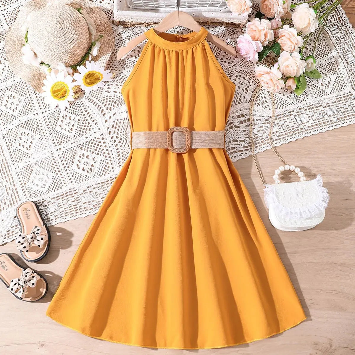 Kids Girls Off Shoulder Formal Summer Party Dresses With Belt