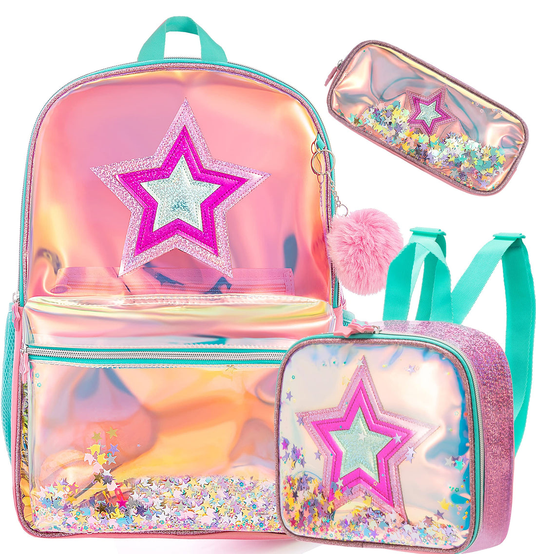 Sequin Heart and Star Design School Backpack Set for Girls childrensterritory