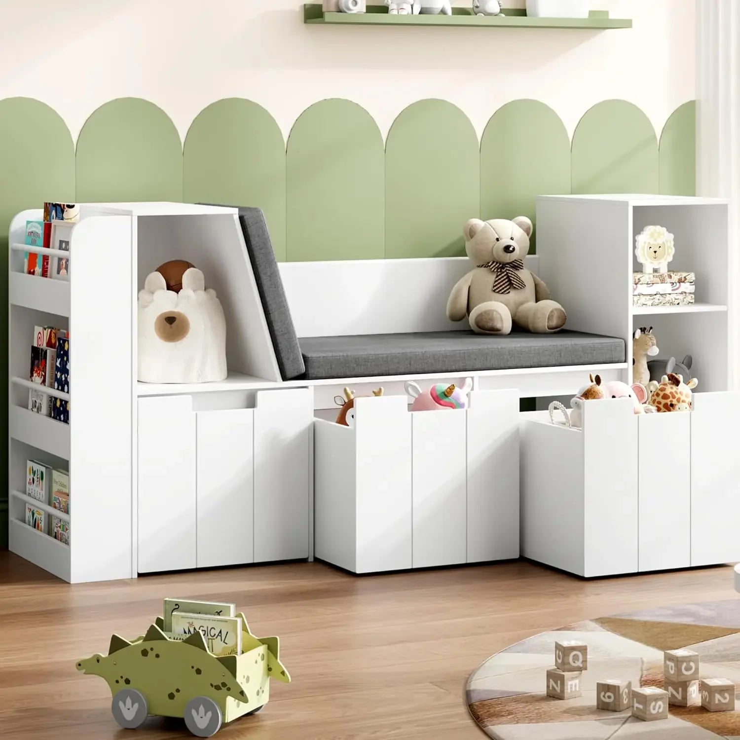 61.5" Kids Reading Nook with Double Bench and Bookshelf childrensterritory