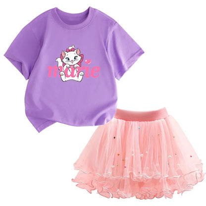 Kids Girls Marie Cat Design Summer T-shirt &amp; Tutu Skirt Set childrensterritory