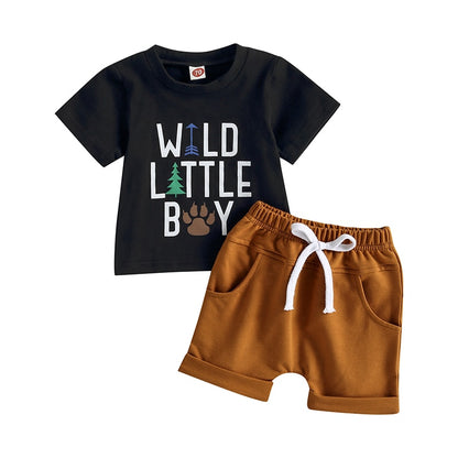 Toddler Boys Letter Print T-shirt Solid Drawstring Shorts Sets childrensterritory