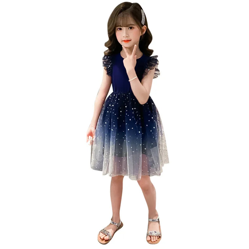 Sleeveless Mesh Lace Layers Star Design Girls Princess Dress childrensterritory