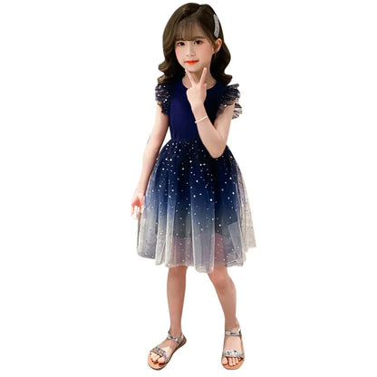 Sleeveless Mesh Lace Layers Star Design Girls Princess Dress childrensterritory