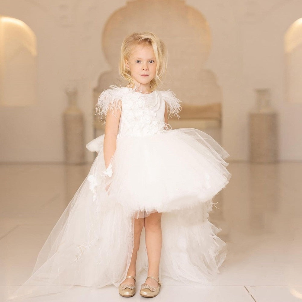 Girls Tulle Lace Trailling Wedding Party Gown with Feather Sleeve childrensterritory