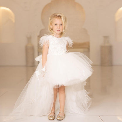 Girls Tulle Lace Trailling Wedding Party Gown with Feather Sleeve childrensterritory