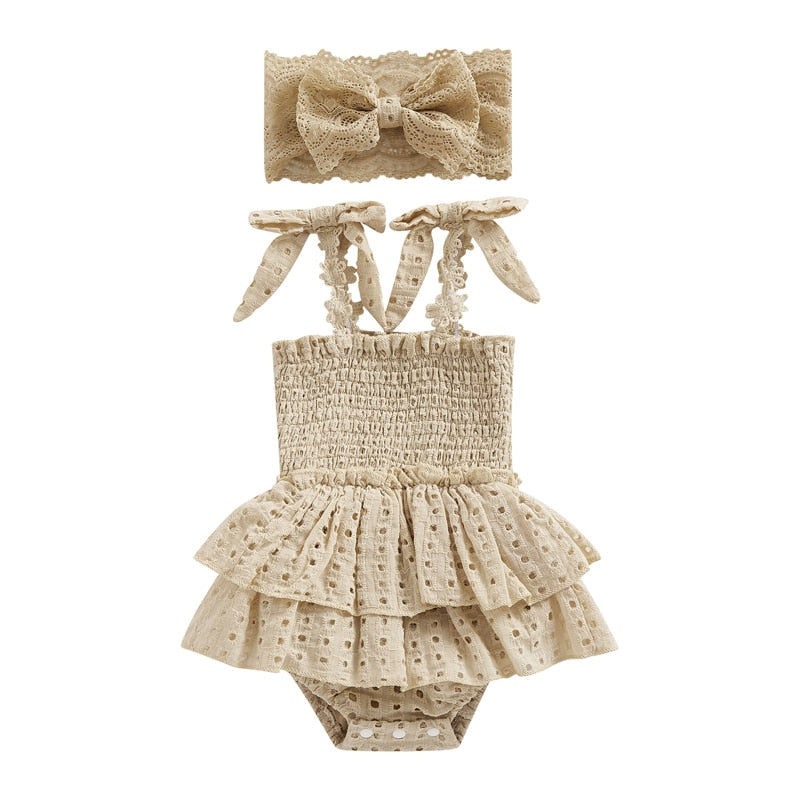 Baby Girl Hollow-Out Sling Bodysuits with Headband Set childrensterritory