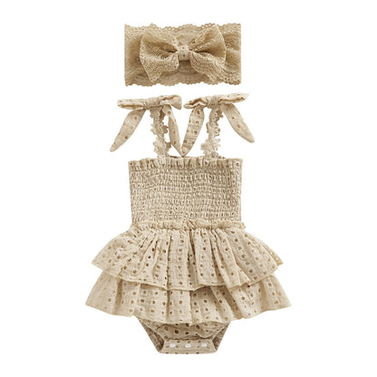 Baby Girl Hollow-Out Sling Bodysuits with Headband Set childrensterritory
