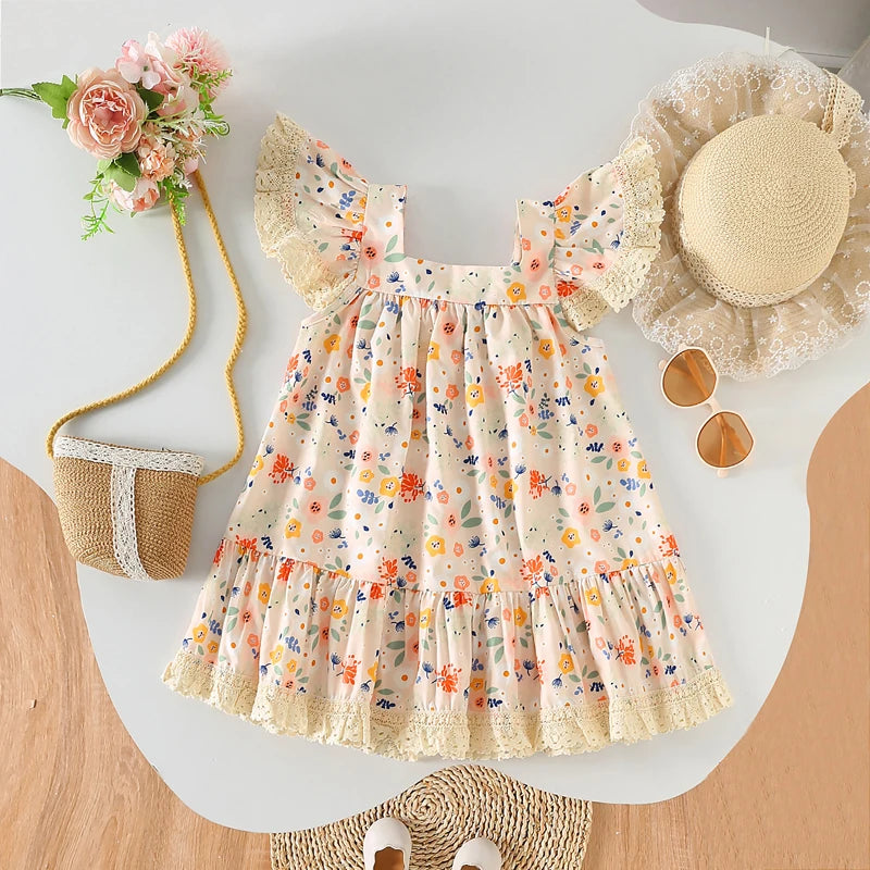 Kids Girls Floral Print Lace Patchwork Summer Princess Dress