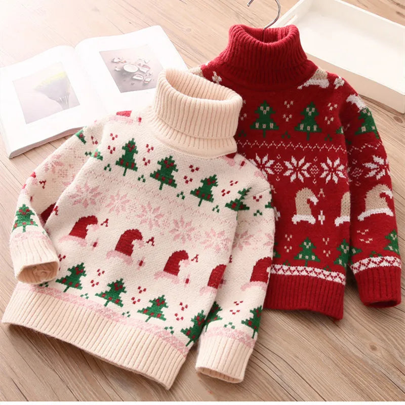 Kids' High Neck Christmas Design Winter Sweater