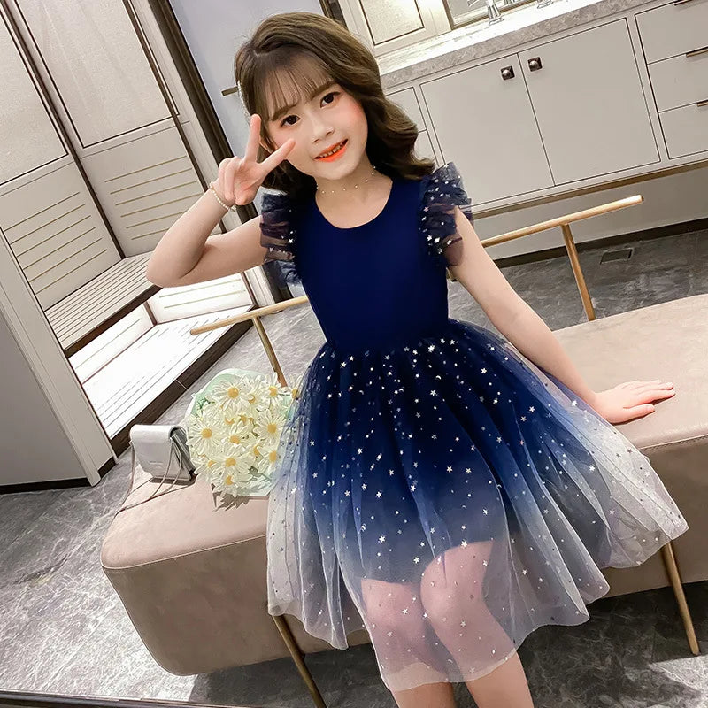 Sleeveless Mesh Lace Layers Star Design Girls Princess Dress childrensterritory