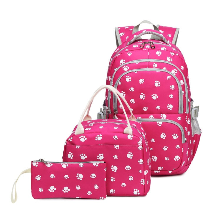 Paw-Printed 3-Piece Cute Waterproof Student Bag Set for Girls childrensterritory