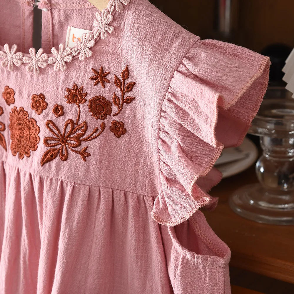 Little Girls Floral Appliques Design Summer Dress with Pockets