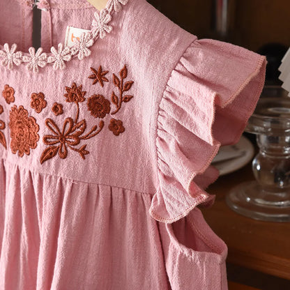 Little Girls Floral Appliques Design Summer Dress with Pockets