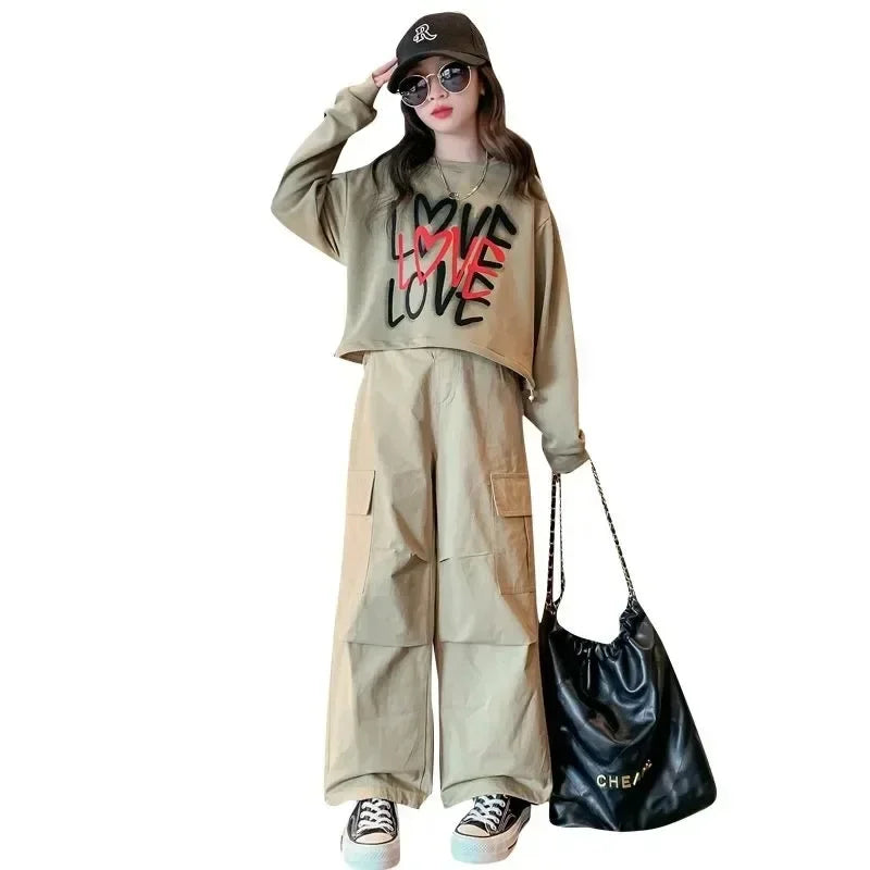 Girls Letter Print Loose T-Shirt + Wide Leg Cargo Pants Set childrensterritory