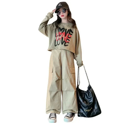Girls Letter Print Loose T-Shirt + Wide Leg Cargo Pants Set childrensterritory