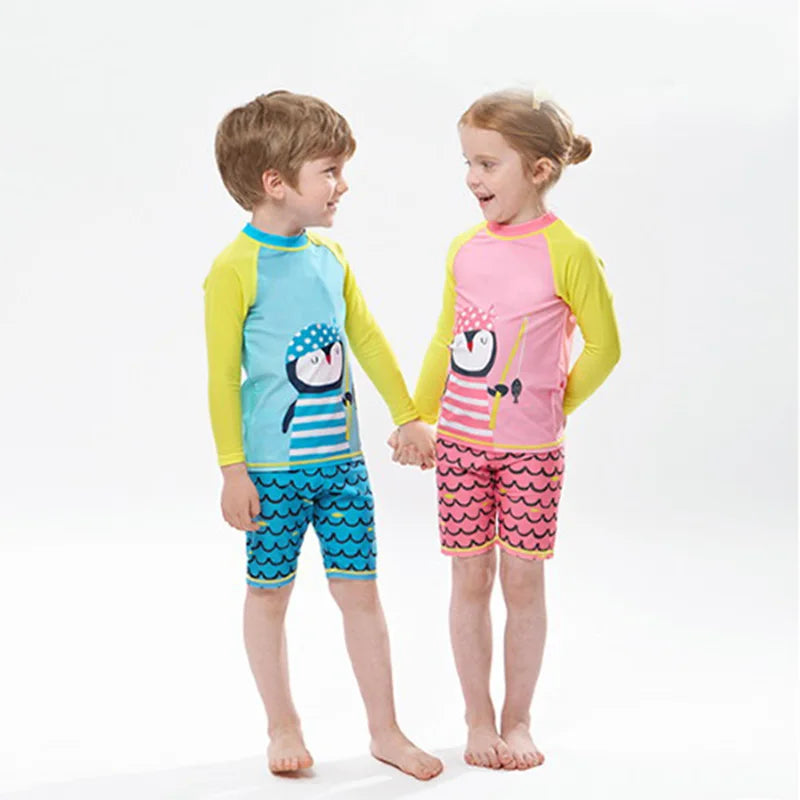 Kids Boys Cartoon Print Swimsuit With Swim Cap | Beach Wear