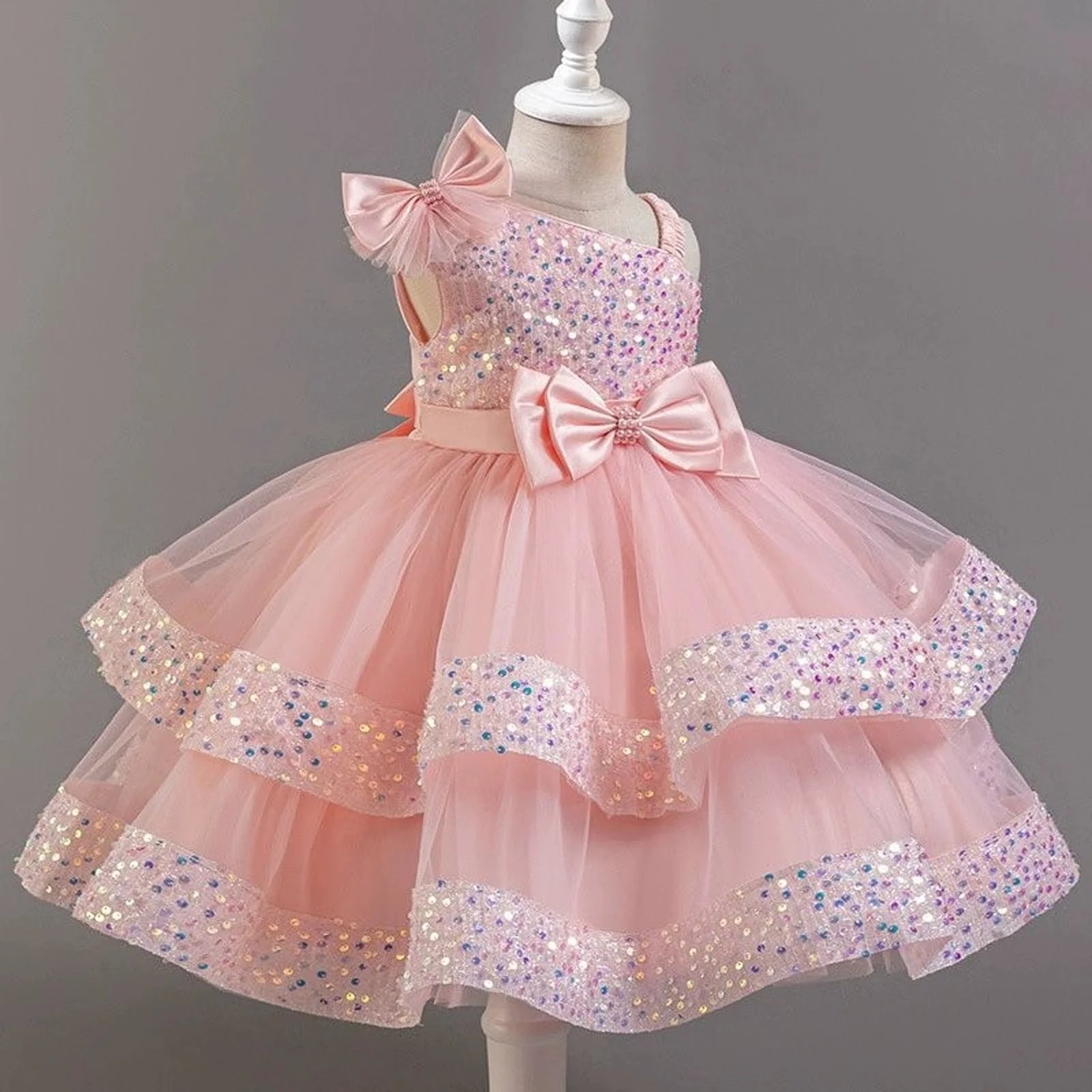 Kids Girls Sequins and Bow Design Birthday Party Flower Dresses