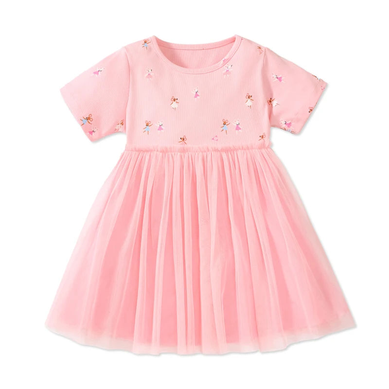 Girls Pink Cartoon Print Summer Princess Dresses