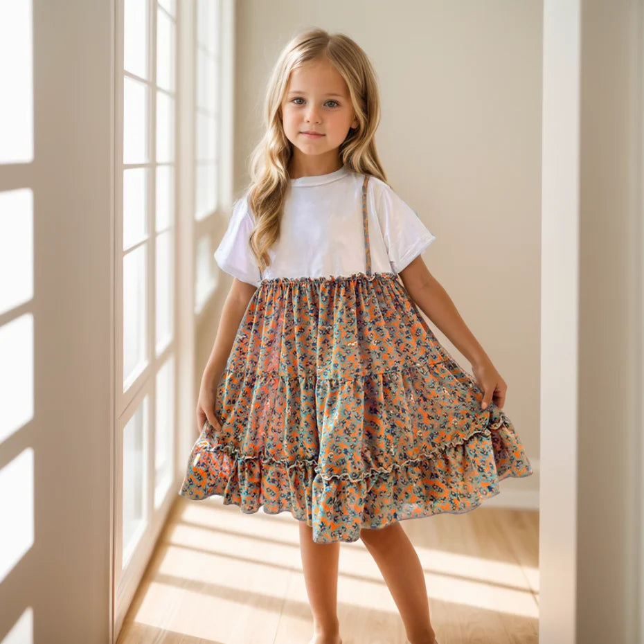 Girls Floral Pattern Patchwork Summer Party Dress childrensterritory