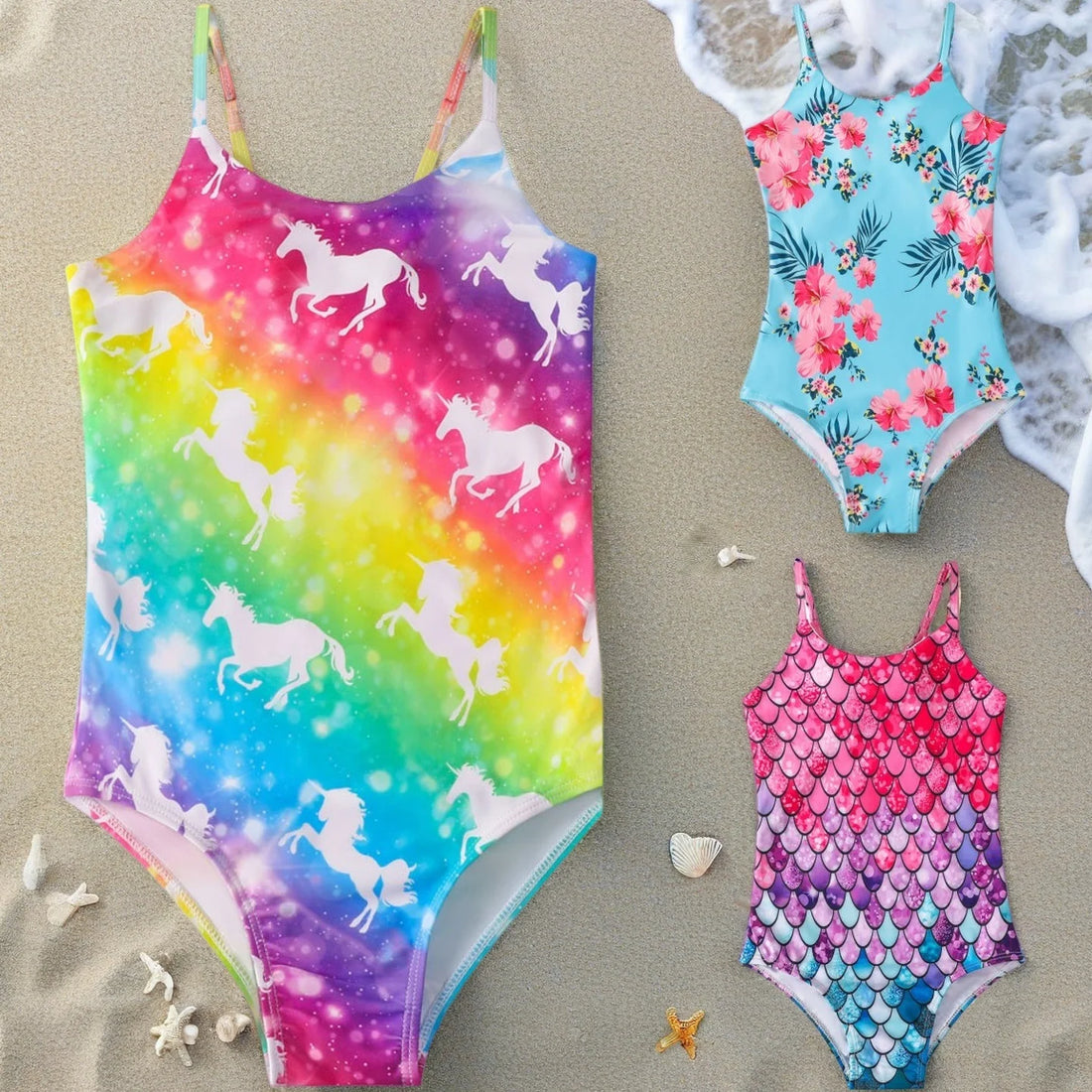 Kids Girls One-piece Sling Swimsuit with 3D Fish Scale Printing
