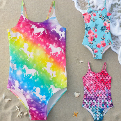 Kids Girls One-piece Sling Swimsuit with 3D Fish Scale Printing