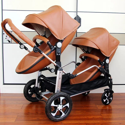 2 in-1 PU Leather Waterproof Twins Baby Stroller childrensterritory