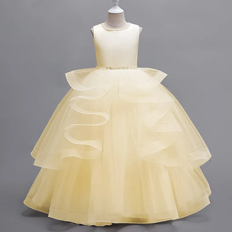 Girls' Solid Color Long Puff Evening Party Dresses