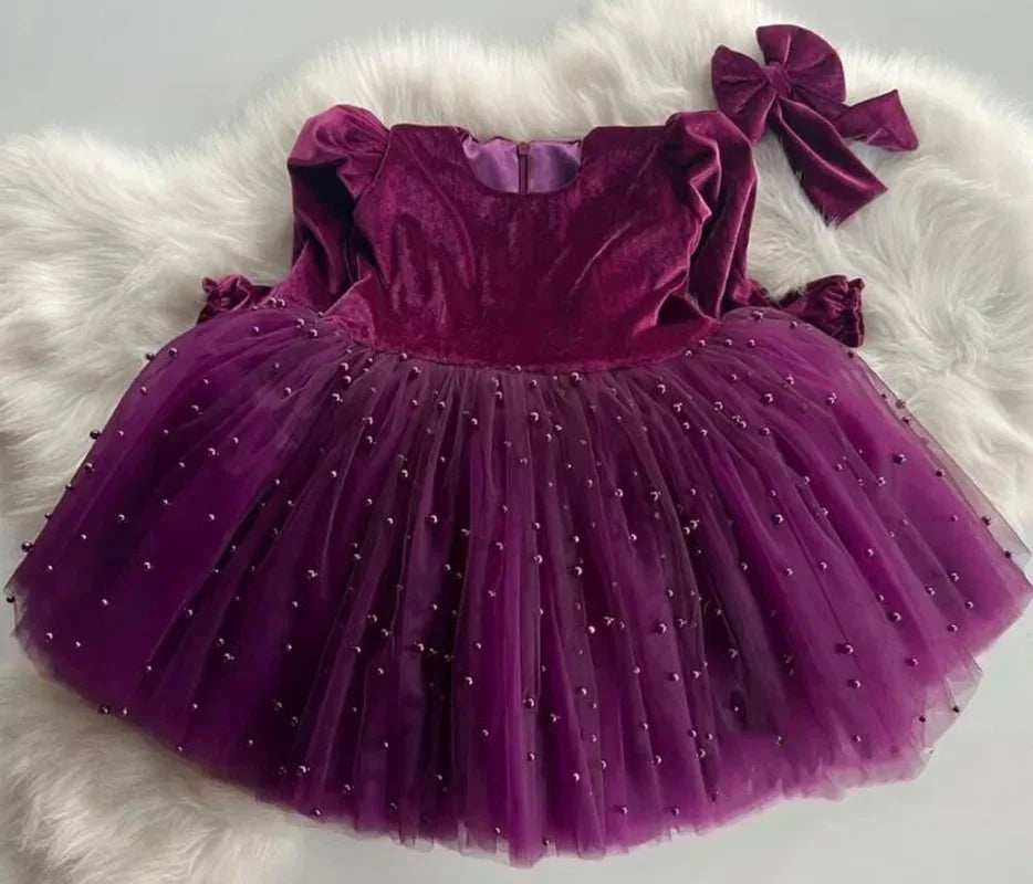 Little Girls Long Sleeve Bow-Decorated Velvet Tutu Party Dresses