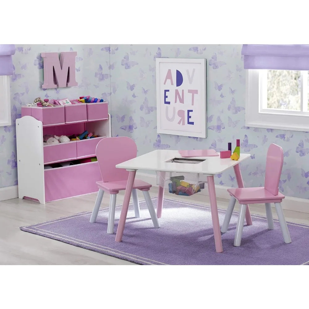 White and Pink Kids Table and Chair Set with Storage