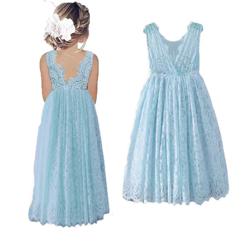 Solid Lace Design Long Wedding Flower Girl Cotton Dresses